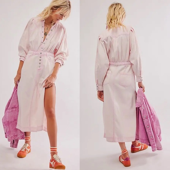 Free People Mad Love Denim Midi Dress Quartz Pink NEW Size XL Cotton Long Sleeve - Picture 7 of 7